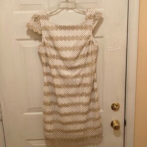 Lilly Pulitzer dress, crochet style, cap sleeves,white with gold, size 10, GUC
